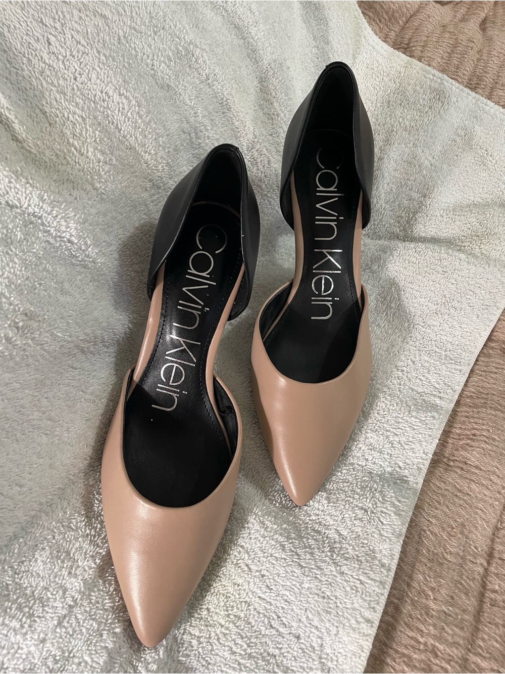 Calvin Klein Two-Tone Pointed D'Orsay Flats in Nude and Black